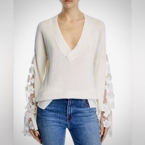 French Connection Ivory V-Neck Sweater with Floral Lace Sleeves
